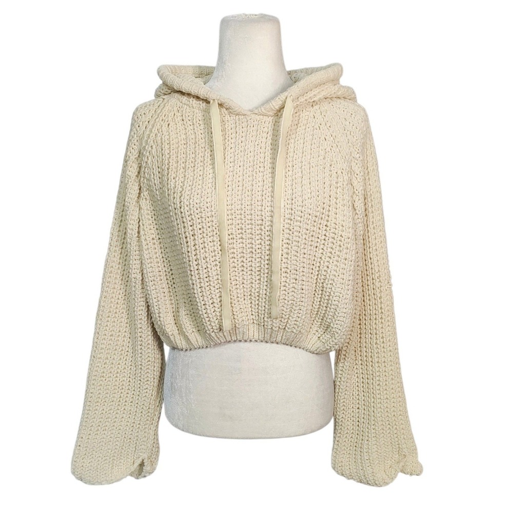 POL Chunky Knit Cropped Hoodie Cream Chenille Sweater Ivory Boho Fall Soft Large